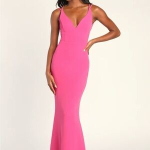 Lulus All this Allure Hot Pink Strappy Backless Mermaid Maxi Dress